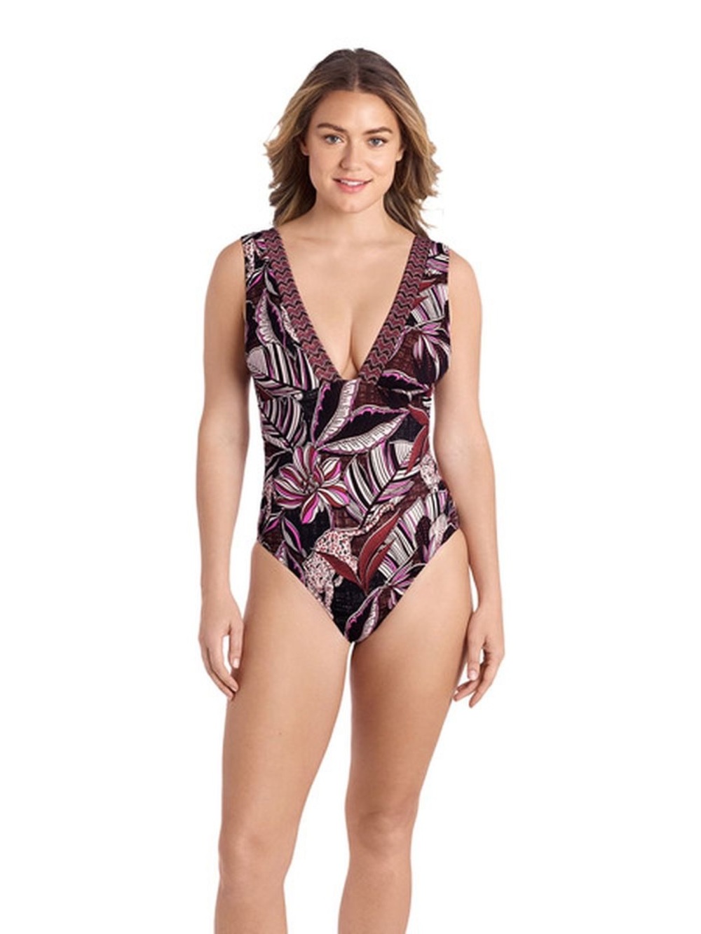 sofia by sofia vergara Floral Deep V One-Piece Swimsuit - Pink, Black, White